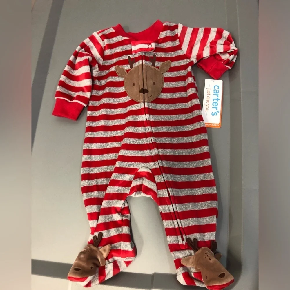 Carter's Red and Gray Striped Footed One Piece with Reindeer